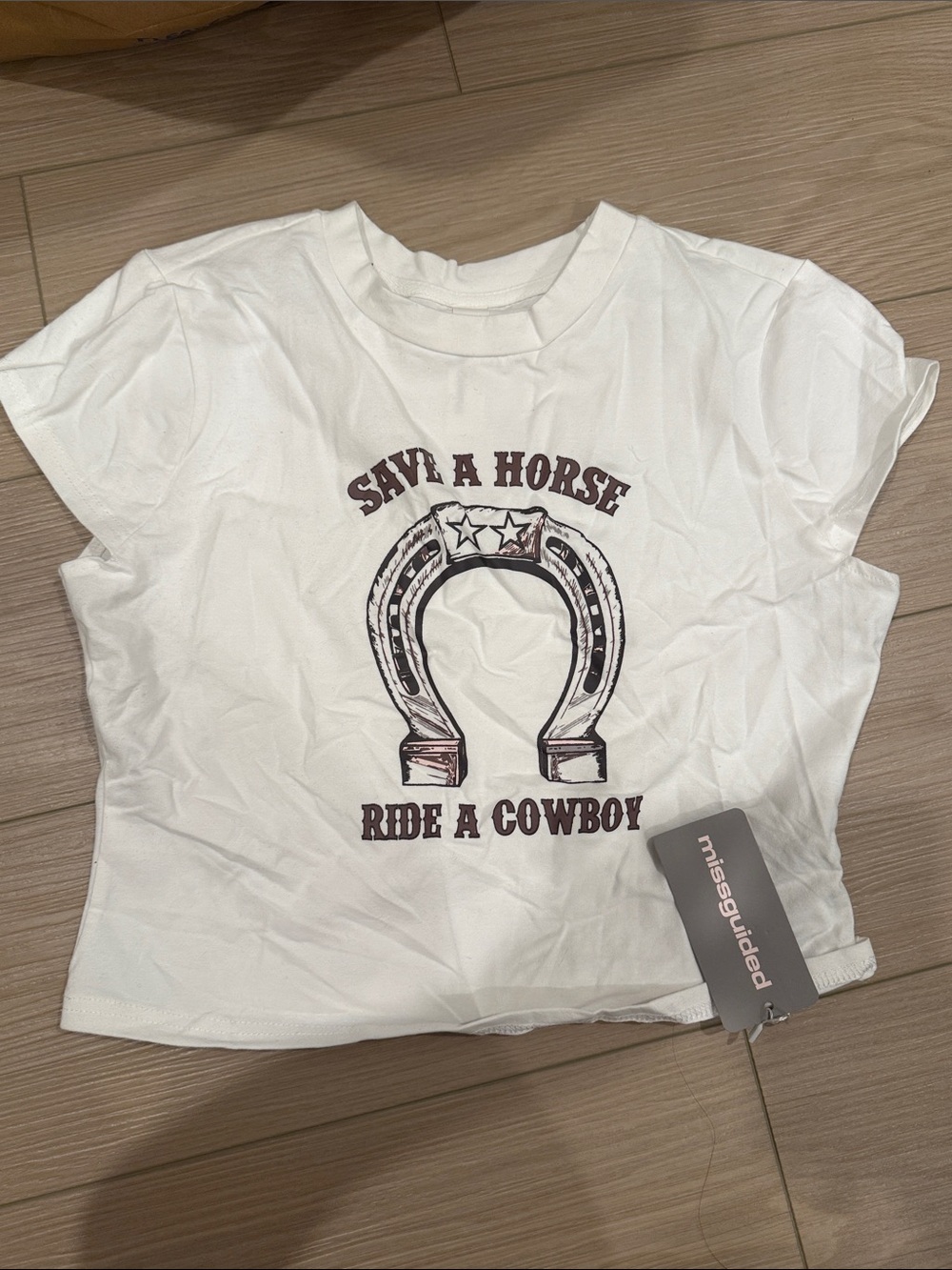 Missguided White Graphic Tee with Horseshoe 'Save a Horse' Print